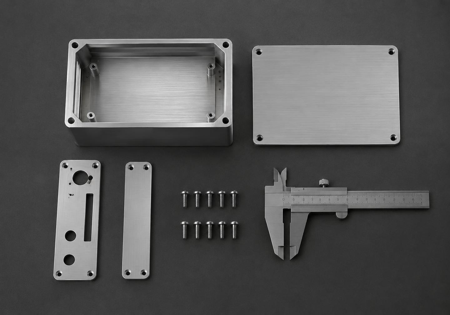Illustrative brushed-metal electronics enclosure and removable lid
