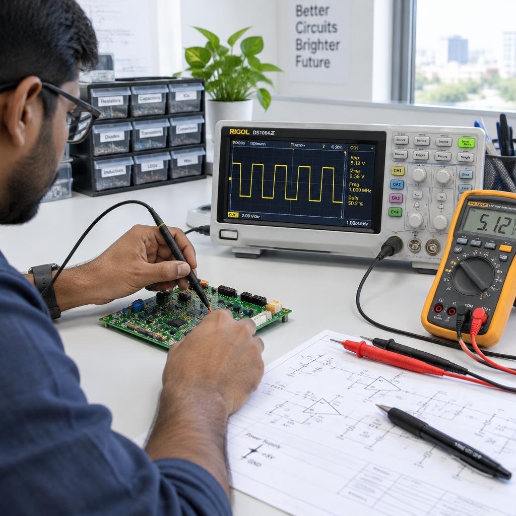 Illustrative electronics bench with an engineer probing a circuit board