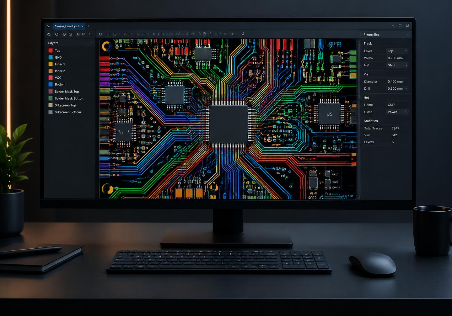 Detailed circuit board showing component placement and routing